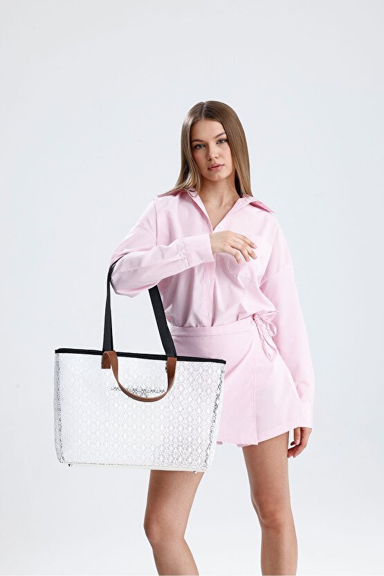 Kadın Beyaz Dantel Desenli Büyük Boy Plaj Ve Alışveriş Shopper Tote Omuz Çantası