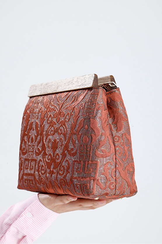 Kadın Turuncu Otantik Desen Clutch Çanta