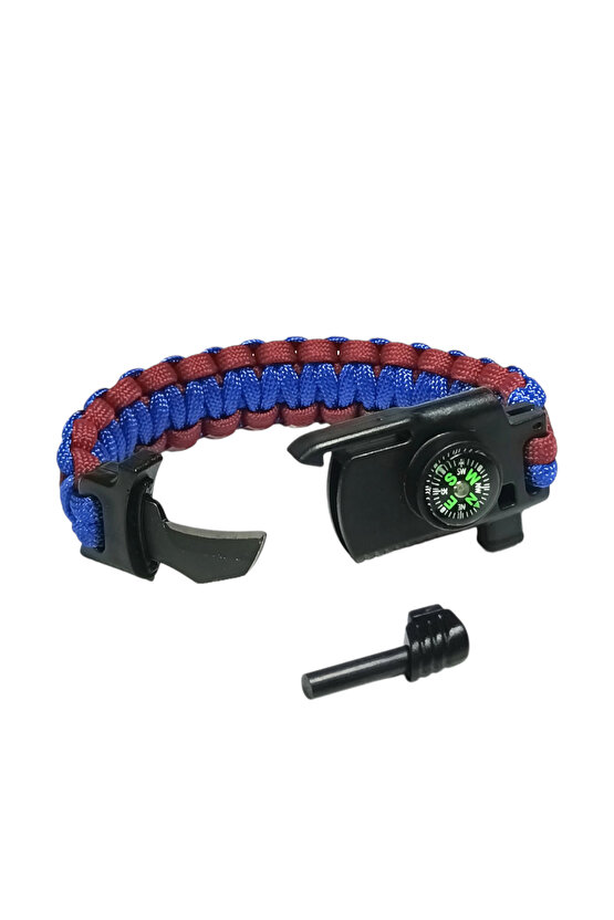 Paracord Bordo Mavi Taraftar Unisex Bileklik Bıçak Pusula Magnezyum Çubuğu