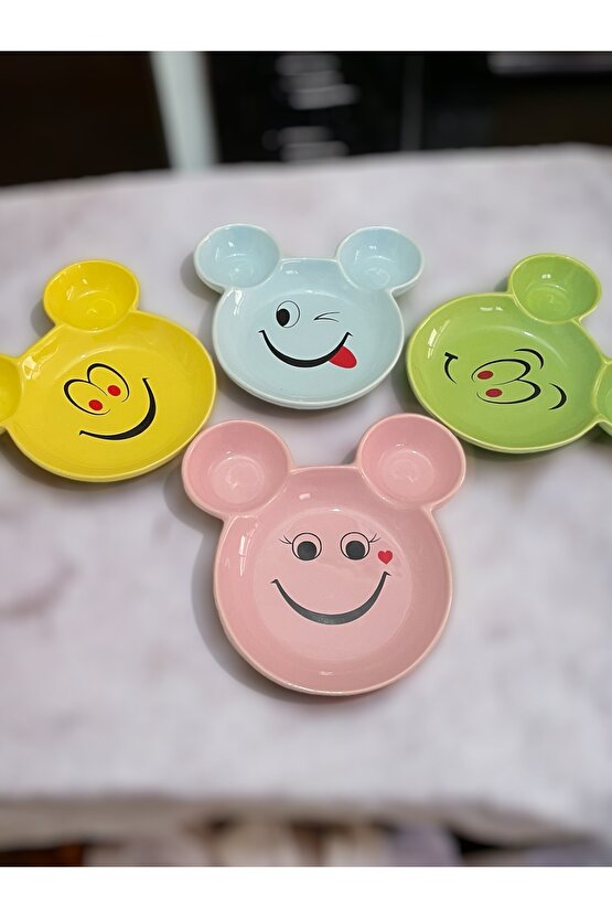 Eğlenceli, Gülen Yüz Çocuk Mama, Yemek, Kahvaltı Ve Pasta Tabağı 4 Adet Sarı-yeşil-pembe-mavi