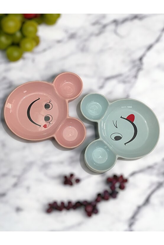 Eğlenceli Çocuk Gülen Yüz Emojili Mama, Yemek, Kahvaltı Ve Pasta Tabağı 2 Adet Pembe-mavi
