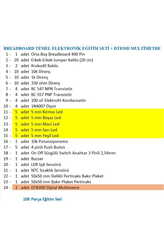 BREADBOARD TEMEL ELEKTRONİK EĞİTİM SETİ + DT830D MULTİMETRE