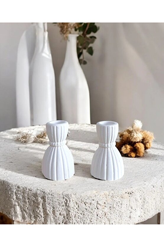 Dekoratif 2’li Şamdan Beton Mumluk Şamdan Beyaz