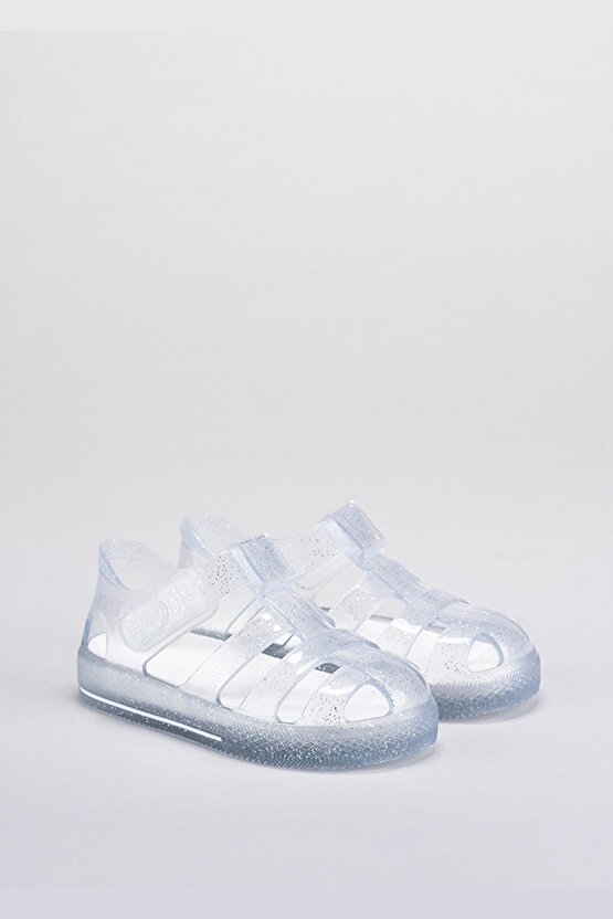 S10265 Star Glitter Çocuk Simli Beyaz Sandalet