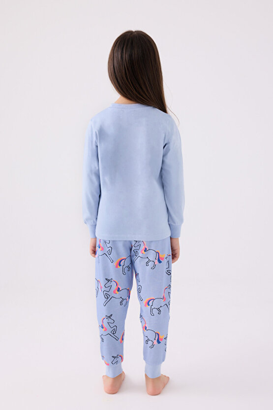 Kız Çocuk Mavi Uzun Kol Pijama Takım