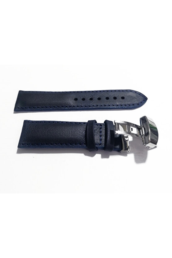 Her Saate Uygun Kelebek Toka 22 mm Hakiki Deri (233) GUMUŞ TOKA MAVİ