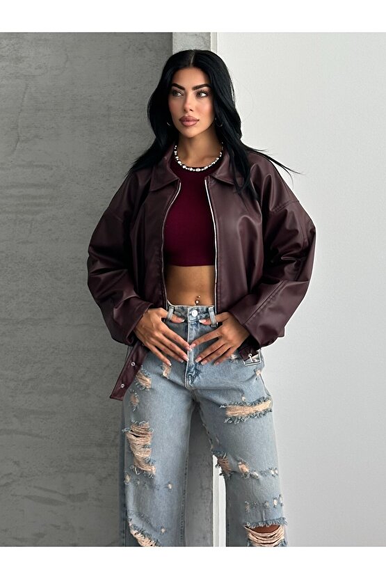 Kadın Oversize Bomber Suni Deri Ceket | Yeni Sezon Kemerli Biker Ceket