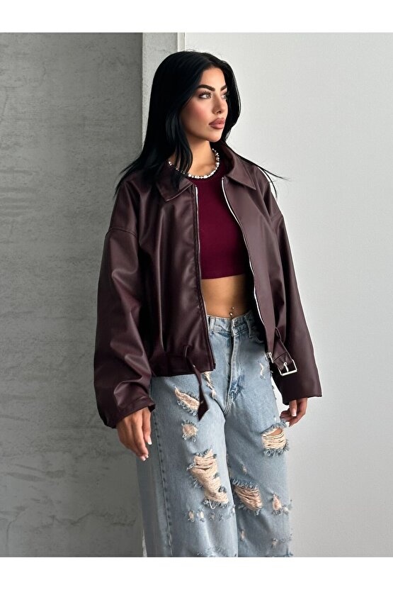 Kadın Oversize Bomber Suni Deri Ceket | Yeni Sezon Kemerli Biker Ceket