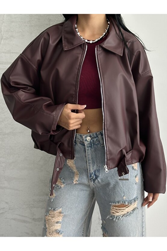 Kadın Oversize Bomber Suni Deri Ceket | Yeni Sezon Kemerli Biker Ceket