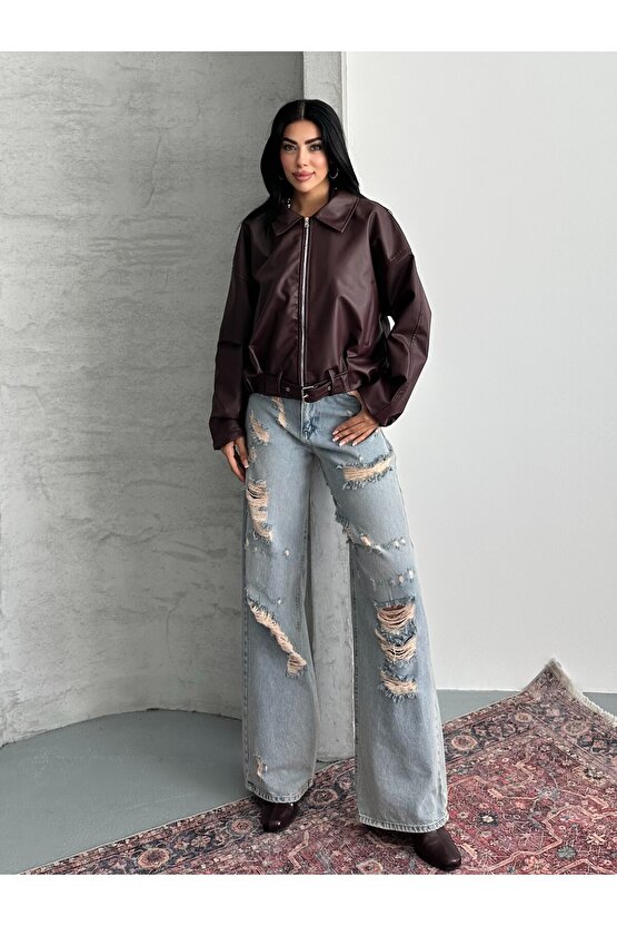 Kadın Oversize Bomber Suni Deri Ceket | Yeni Sezon Kemerli Biker Ceket