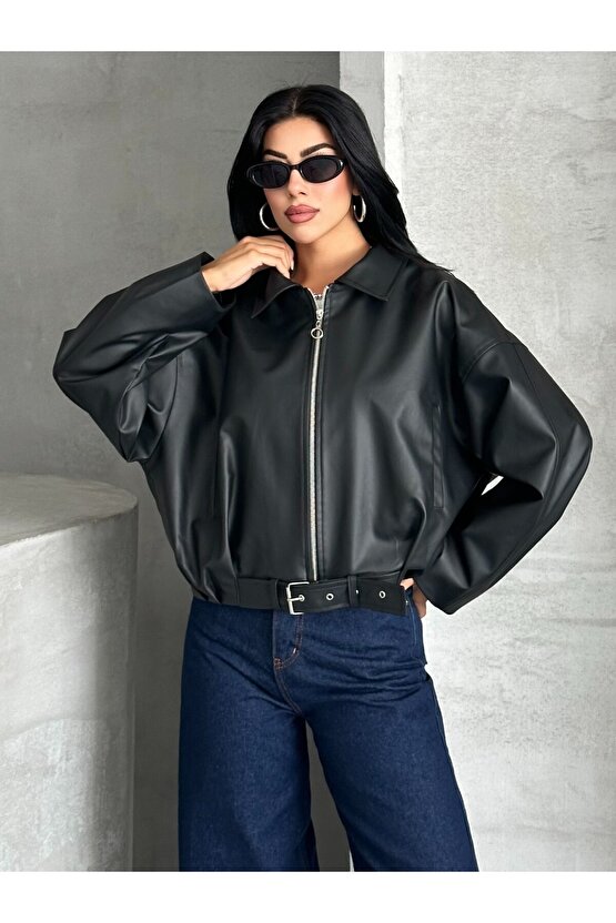 Kadın Oversize Bomber Suni Deri Ceket | Yeni Sezon Kemerli Biker Ceket