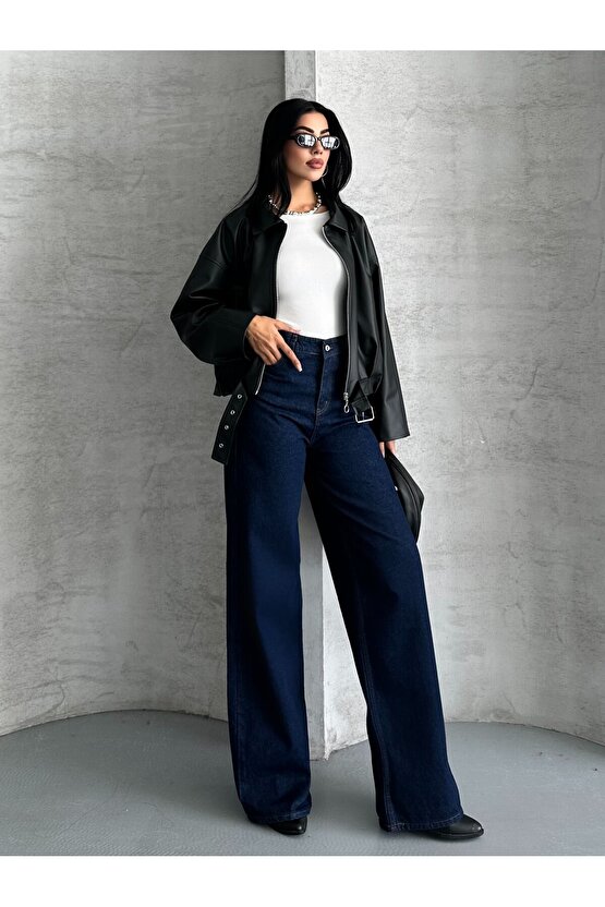 Kadın Oversize Bomber Suni Deri Ceket | Yeni Sezon Kemerli Biker Ceket
