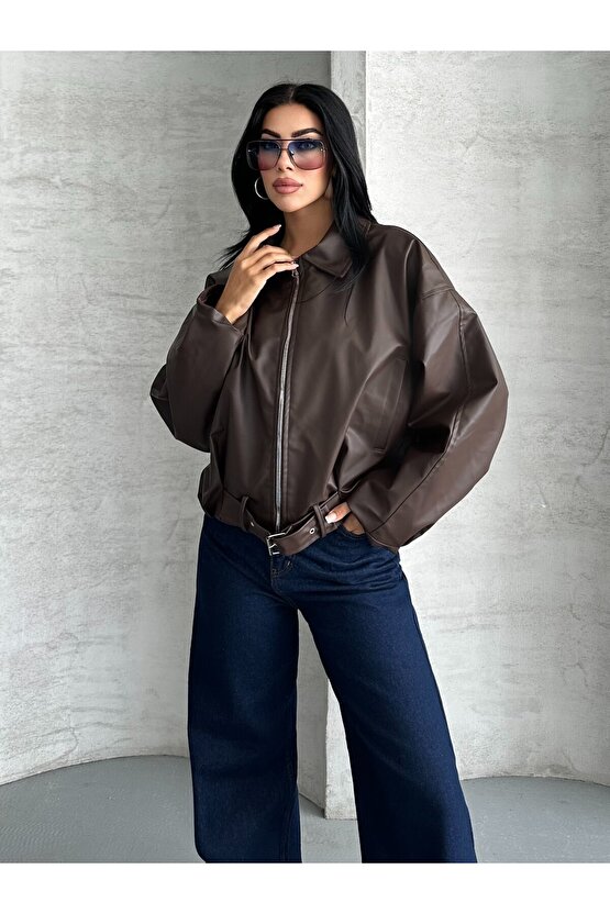 Kadın Oversize Bomber Suni Deri Ceket | Yeni Sezon Kemerli Biker Ceket