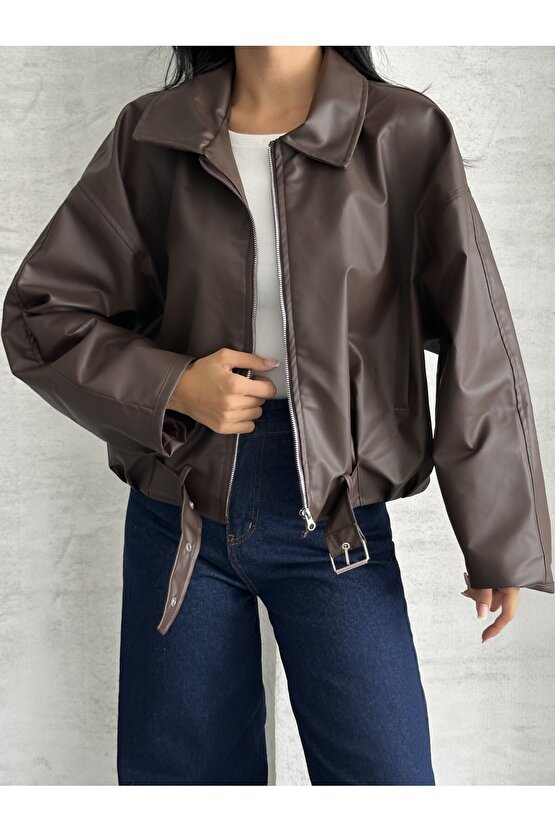Kadın Oversize Bomber Suni Deri Ceket | Yeni Sezon Kemerli Biker Ceket