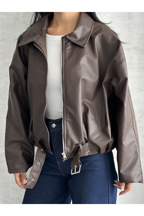 Kadın Oversize Bomber Suni Deri Ceket | Yeni Sezon Kemerli Biker Ceket