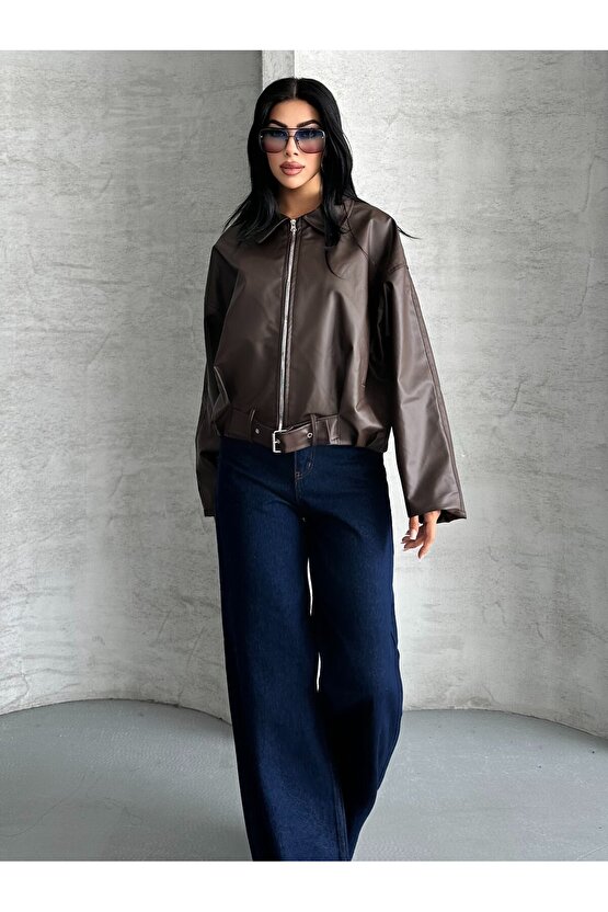 Kadın Oversize Bomber Suni Deri Ceket | Yeni Sezon Kemerli Biker Ceket