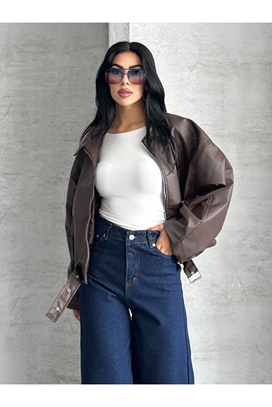 Kadın Oversize Bomber Suni Deri Ceket | Yeni Sezon Kemerli Biker Ceket
