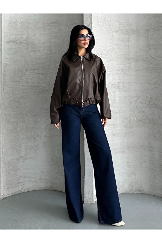 Kadın Oversize Bomber Suni Deri Ceket | Yeni Sezon Kemerli Biker Ceket