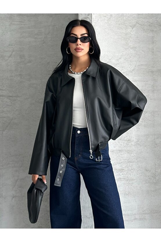 Kadın Oversize Bomber Suni Deri Ceket | Yeni Sezon Kemerli Biker Ceket