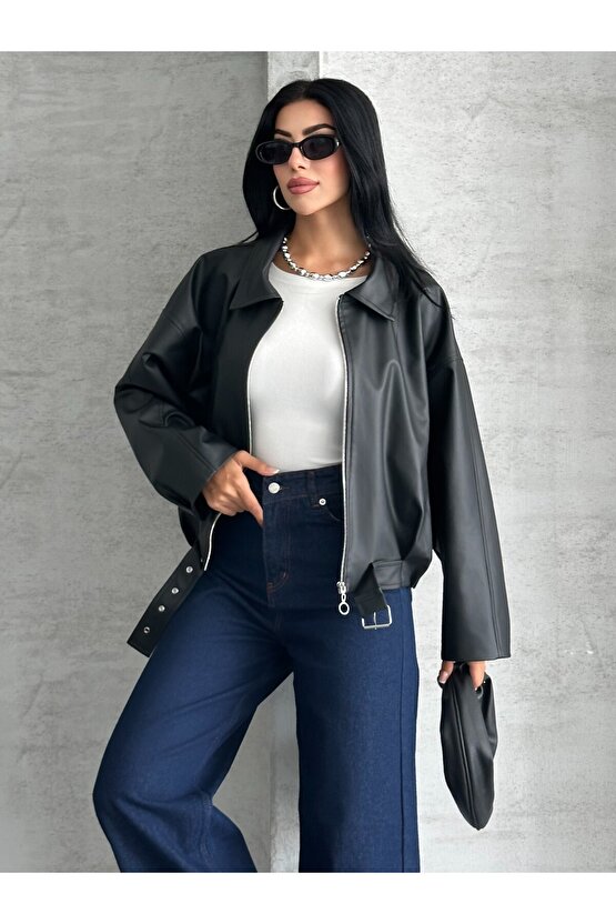 Kadın Oversize Bomber Suni Deri Ceket | Yeni Sezon Kemerli Biker Ceket