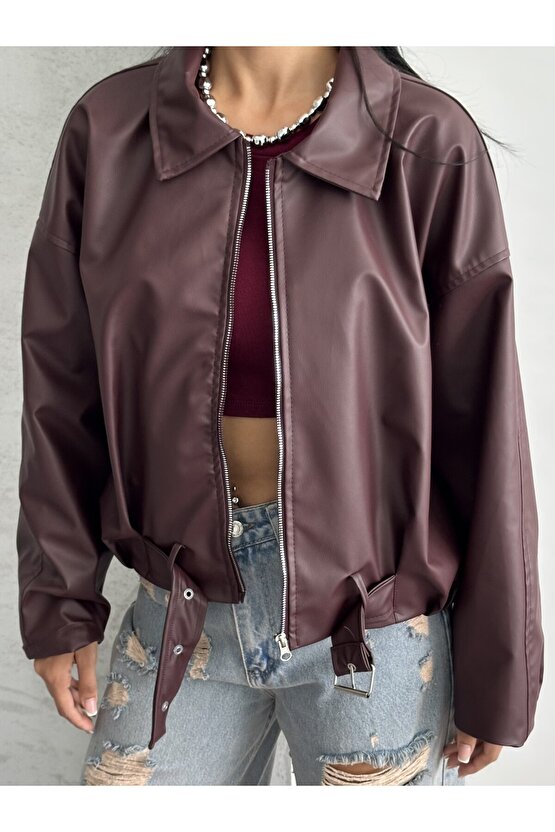 Kadın Oversize Bomber Suni Deri Ceket | Yeni Sezon Kemerli Biker Ceket