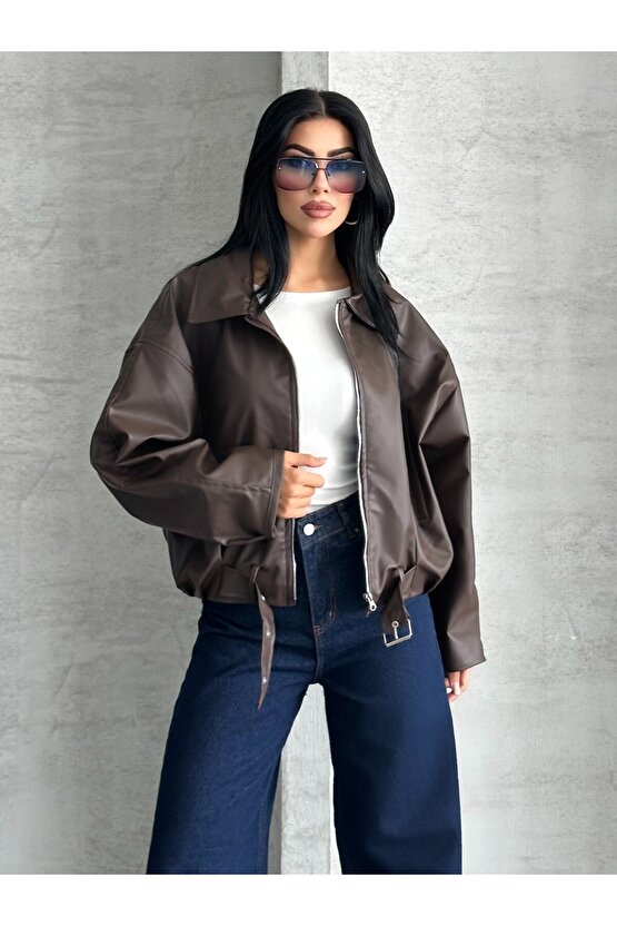 Kadın Oversize Bomber Suni Deri Ceket | Yeni Sezon Kemerli Biker Ceket