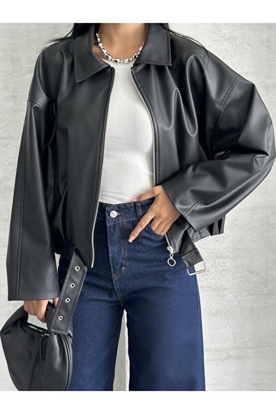 Kadın Oversize Bomber Suni Deri Ceket | Yeni Sezon Kemerli Biker Ceket
