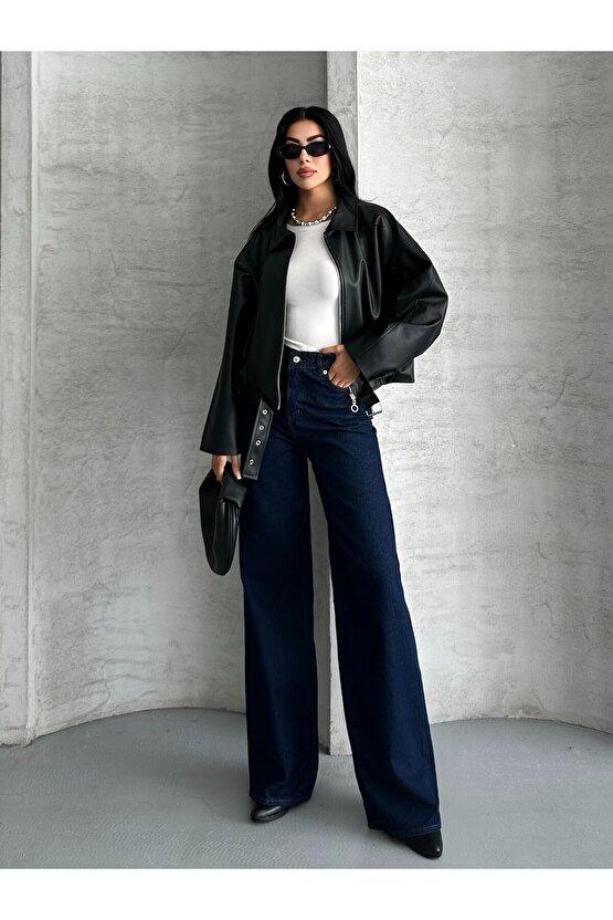 Kadın Oversize Bomber Suni Deri Ceket | Yeni Sezon Kemerli Biker Ceket