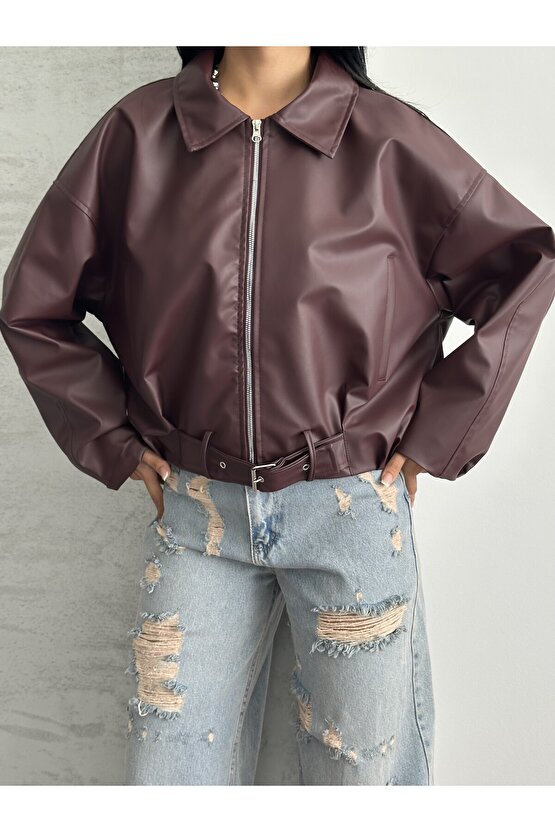 Kadın Oversize Bomber Suni Deri Ceket | Yeni Sezon Kemerli Biker Ceket