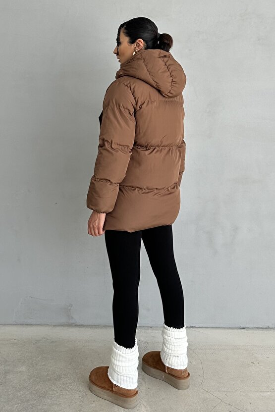 Kapüşonlu Oversize Kadın Şişme Mont - 4 Cep Detaylı, Kahverengi