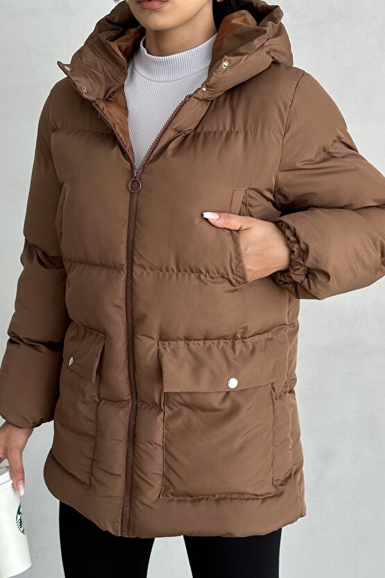 Kapüşonlu Oversize Kadın Şişme Mont - 4 Cep Detaylı, Kahverengi