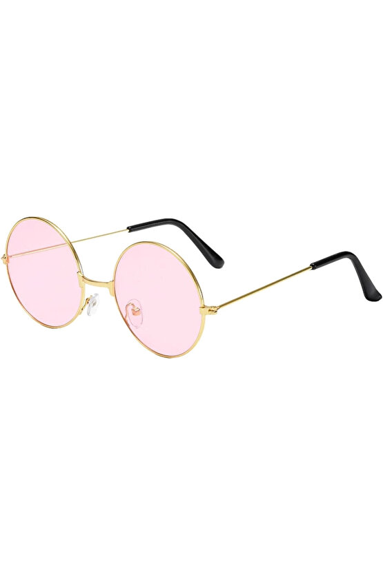 Yuvarlak Cam John Lennon Tarzı Hippi Gold Çerçeveli Pembe Gözlük
