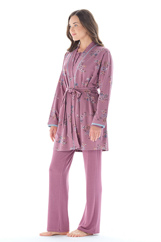 Kadın Klasik Çicek Desenli Yakası Düğmeli Belden Kuşaklı 3lü Pijama Takımı