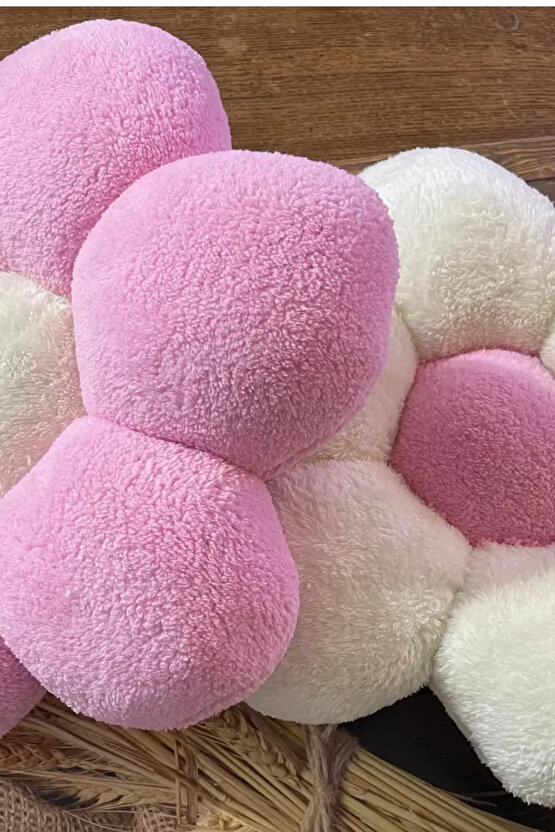 Pembe-ekru Ikiz Papatya Dekoratif Peluş Ve Kırlent Yastık Minder Yumuşacık