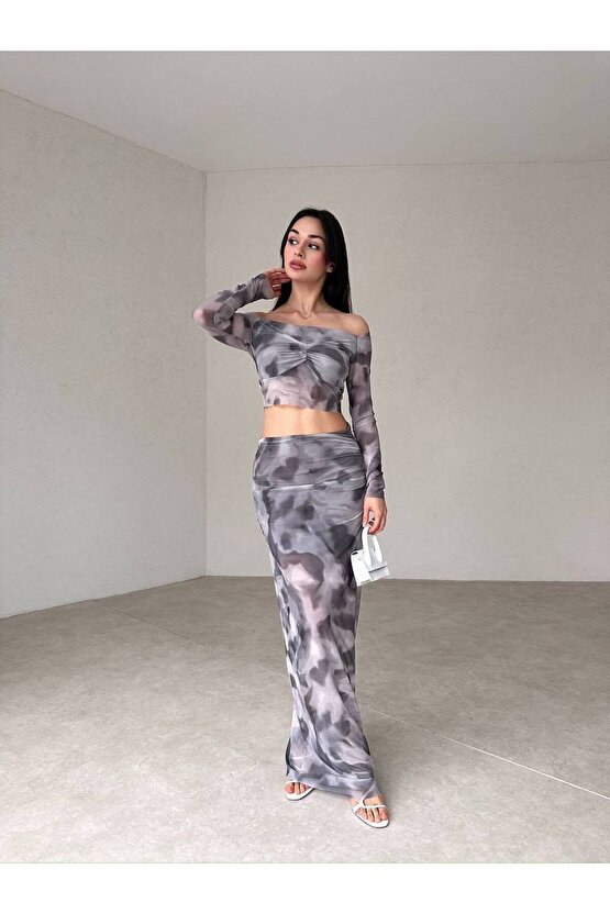 Tül Kumaş Füme Etek Crop Takım