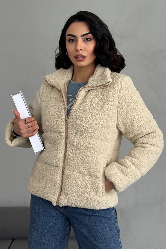Peluş Kabartma Teddy Kadın Şişme Mont