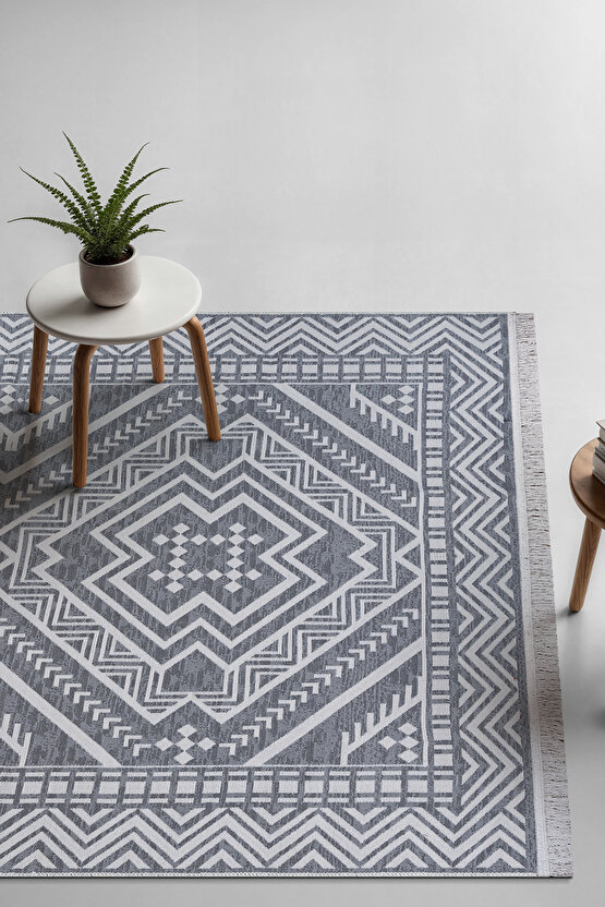 Macro Bohem Touch Serisi Çift Taraflı Dokuma Pamuklu Kilim 1701 Siyah