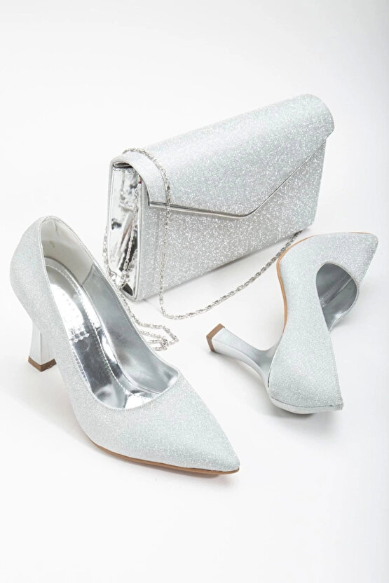 Kadın Şık TARZ 9 cm Özel Üretim Kalın Topuklu Stiletto ve Çanta Takımı Altın