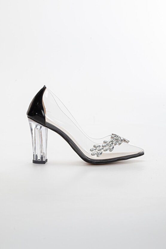 Kadın Kalın Yüksek Şeffaf Topuklu Taşlı Siyah stiletto