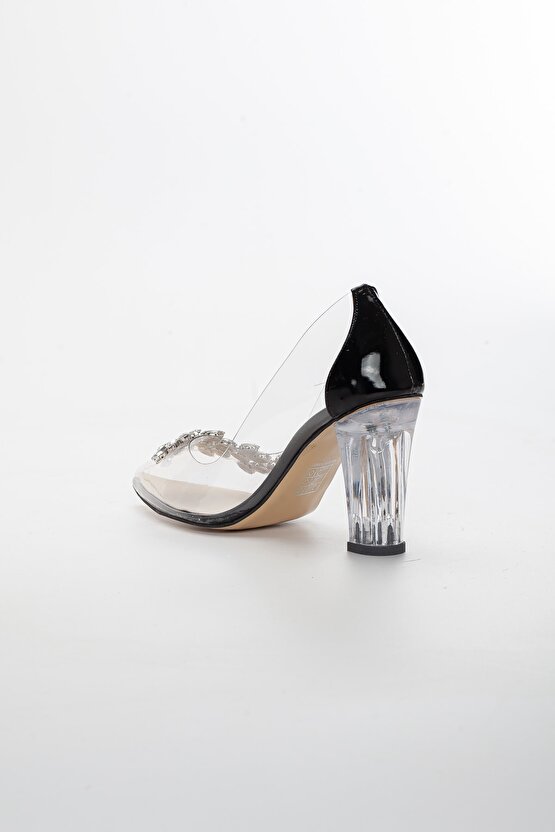 Kadın Kalın Yüksek Şeffaf Topuklu Taşlı Siyah stiletto