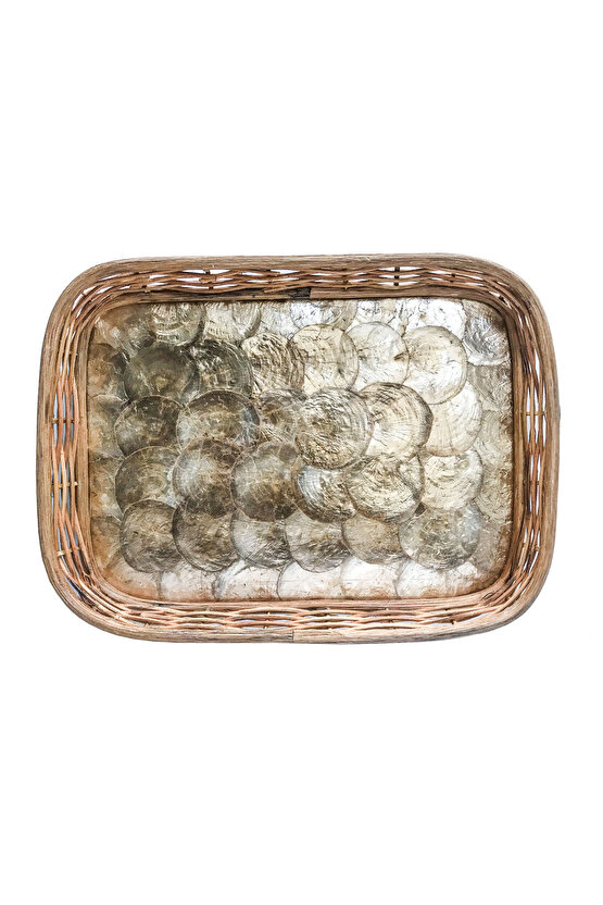 Rattan Dekoratif Dikdörtgen Hasır El Yapımı Sedef Tepsi  3 lü Set-01