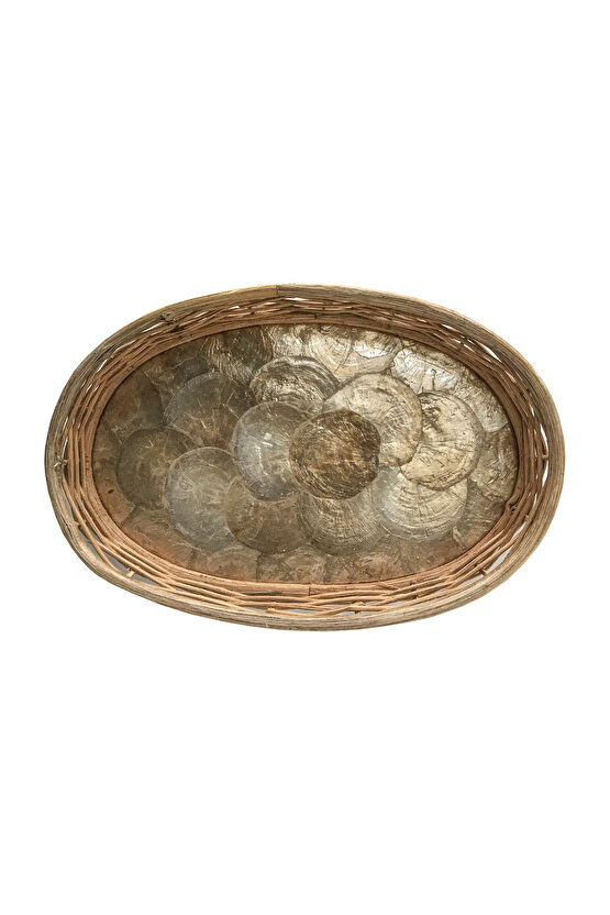 Rattan Dekoratif Oval Hasır El Yapımı Sedef Tepsi 3 lü Set