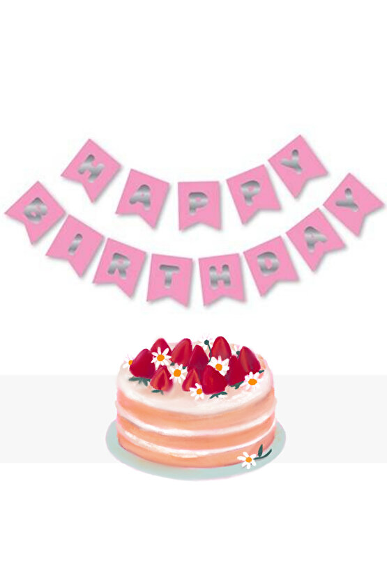 YALDIZLI BANNER HAPPY BİRTHDAY PEMBE GÜMÜŞ