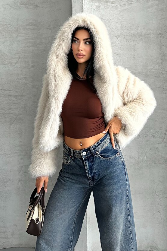 Kadın Kapüşonlu Premium Kürk Mont - Yumuşak Dokunuşlu, Peluş, İçi Astarlı