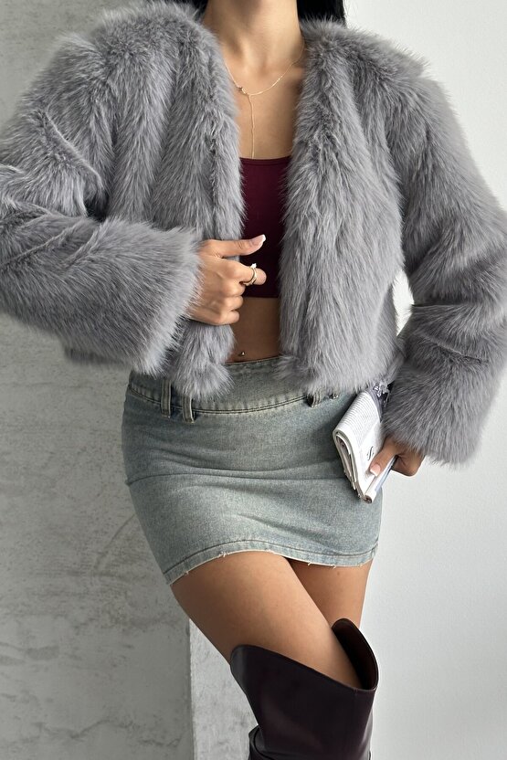 Kadın Crop Kürk Mont - Kısa Peluş Ceket - Kışlık Premium Kürk