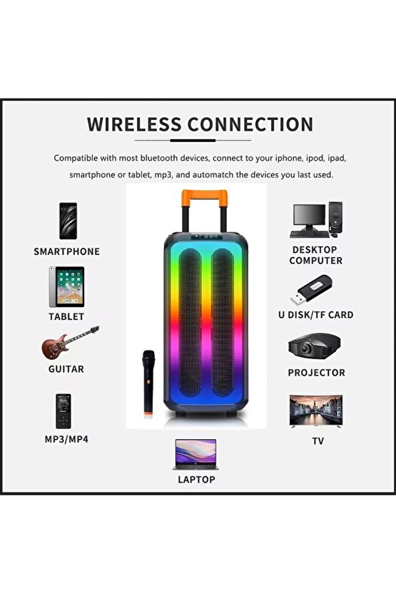 KABLOSUZ MİKROFONLU BLUETOOTH SPEAKER TAŞINABİLİR TEKERLEKLİ BÜYÜK BOY KABLOSUZ ŞARJLI HOPARLÖR