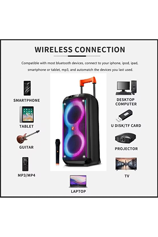 Party Box Bluetooth Hoparlör Büyük Boy Taşınabilir Şarjlı Kablosuz Hoparlör + Karaoke Mikrofon