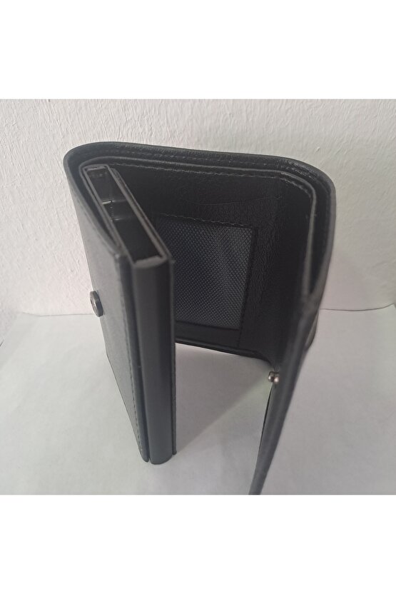unısex siyah deri mekanizmalı otomatik Kızaklı kartlık cüzdanı ( 7cm×10cm)