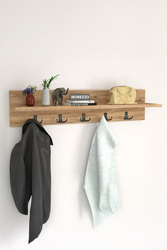 Ahşap Raflı Portmanto Duvar Askılığı Elbise Askılığı 70 Cm