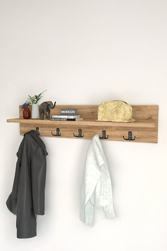 Ahşap Raflı Portmanto Duvar Askılığı Elbise Askılığı 70 Cm